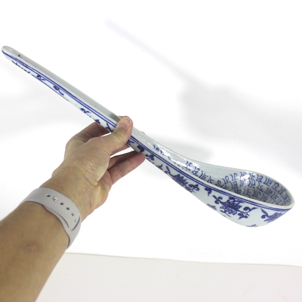 Antique Large 15.5” Chinese Porcelain Spoon with Sanskrit Blue and White
